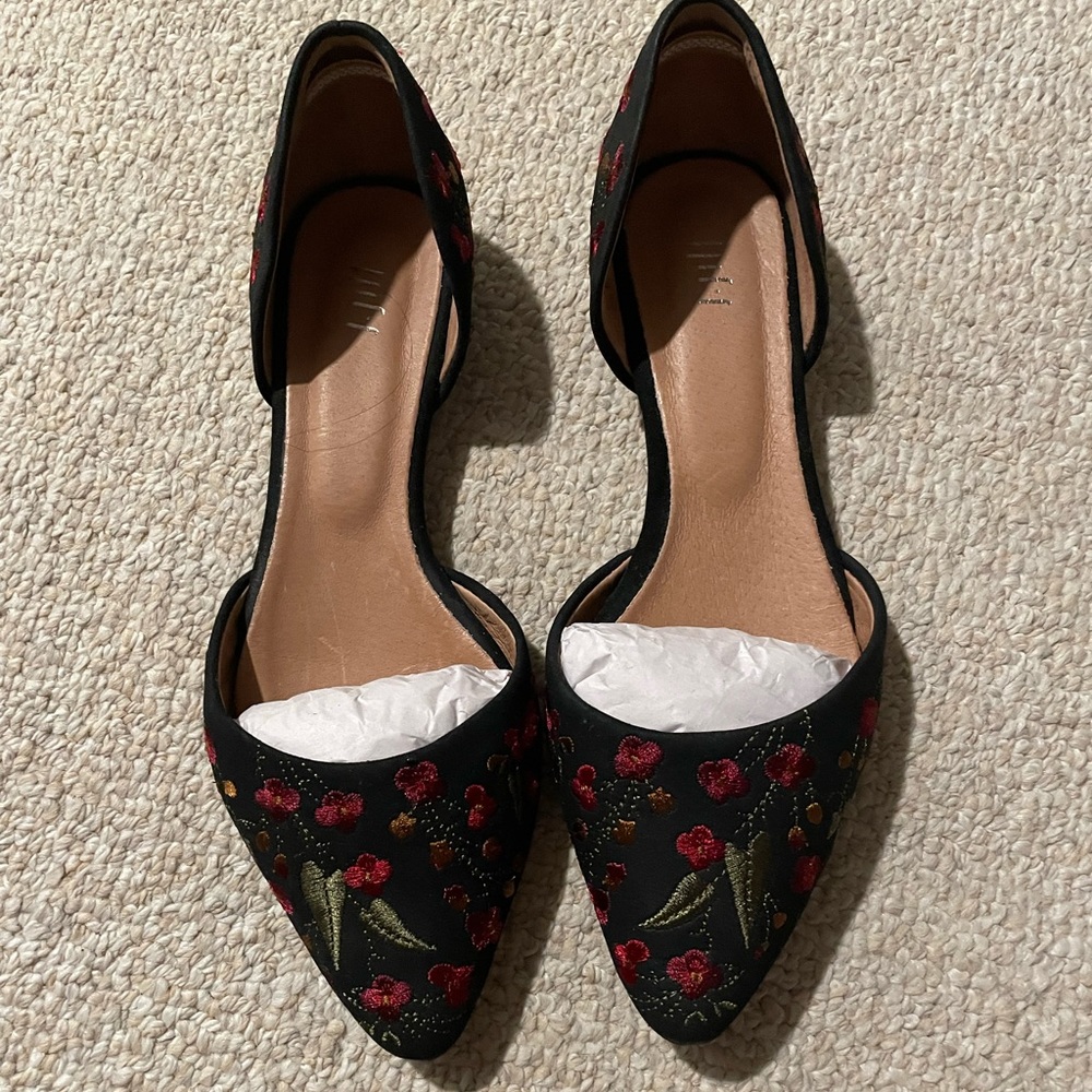 NWOT J. Jill Womens Size Black Floral Embroidered D’orsay Pointed Flats Leather